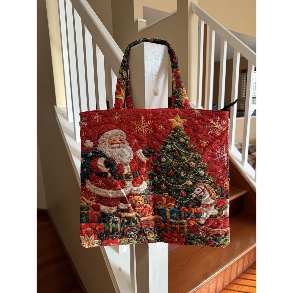 Santa Claus Toys Gifts Christmas Tree Quilted Vintage Looking Homemade Tote Bag